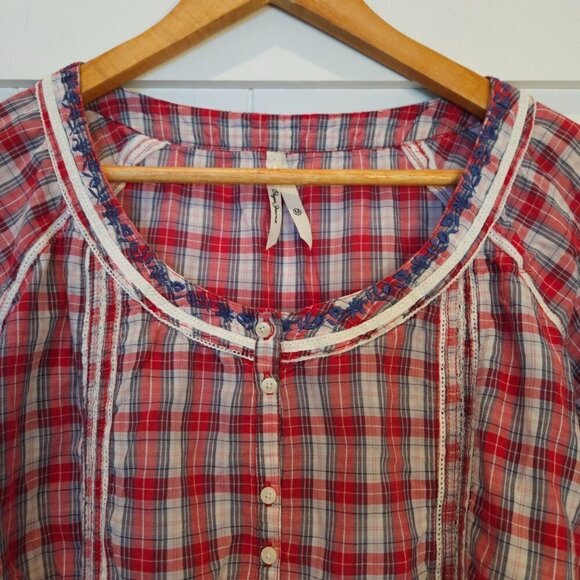 Pepe Jeans London Top Medium Marguerite Red Check Embroidered Western Prairie - Picture 3 of 9